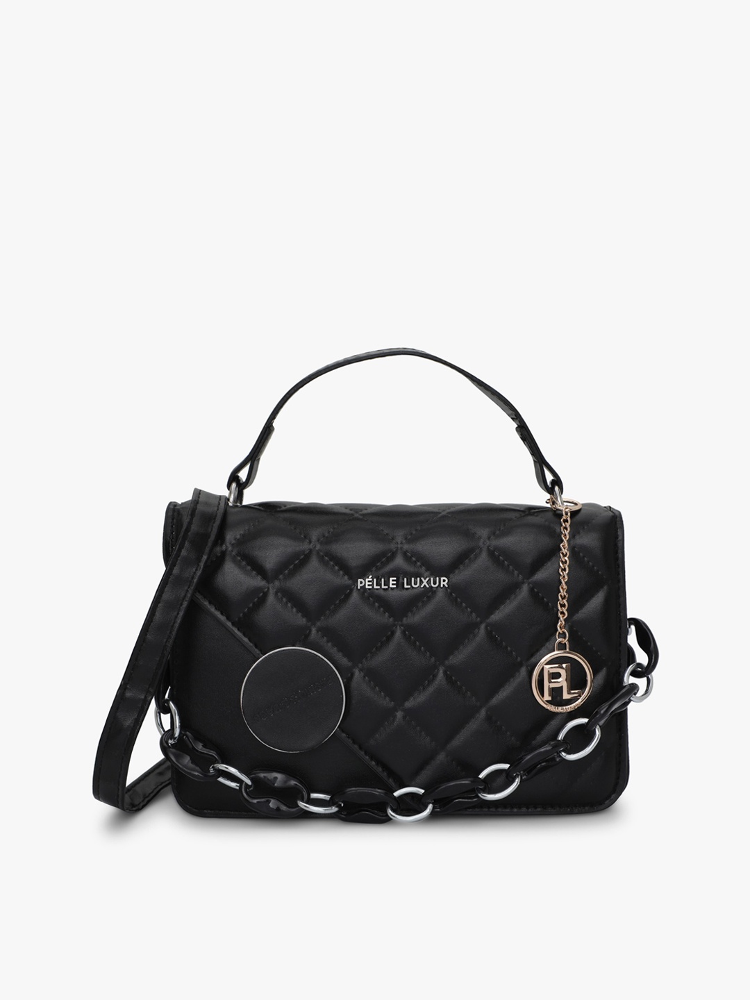 

PELLE LUXUR Textured Structured Satchel Bag With Quilted, Black