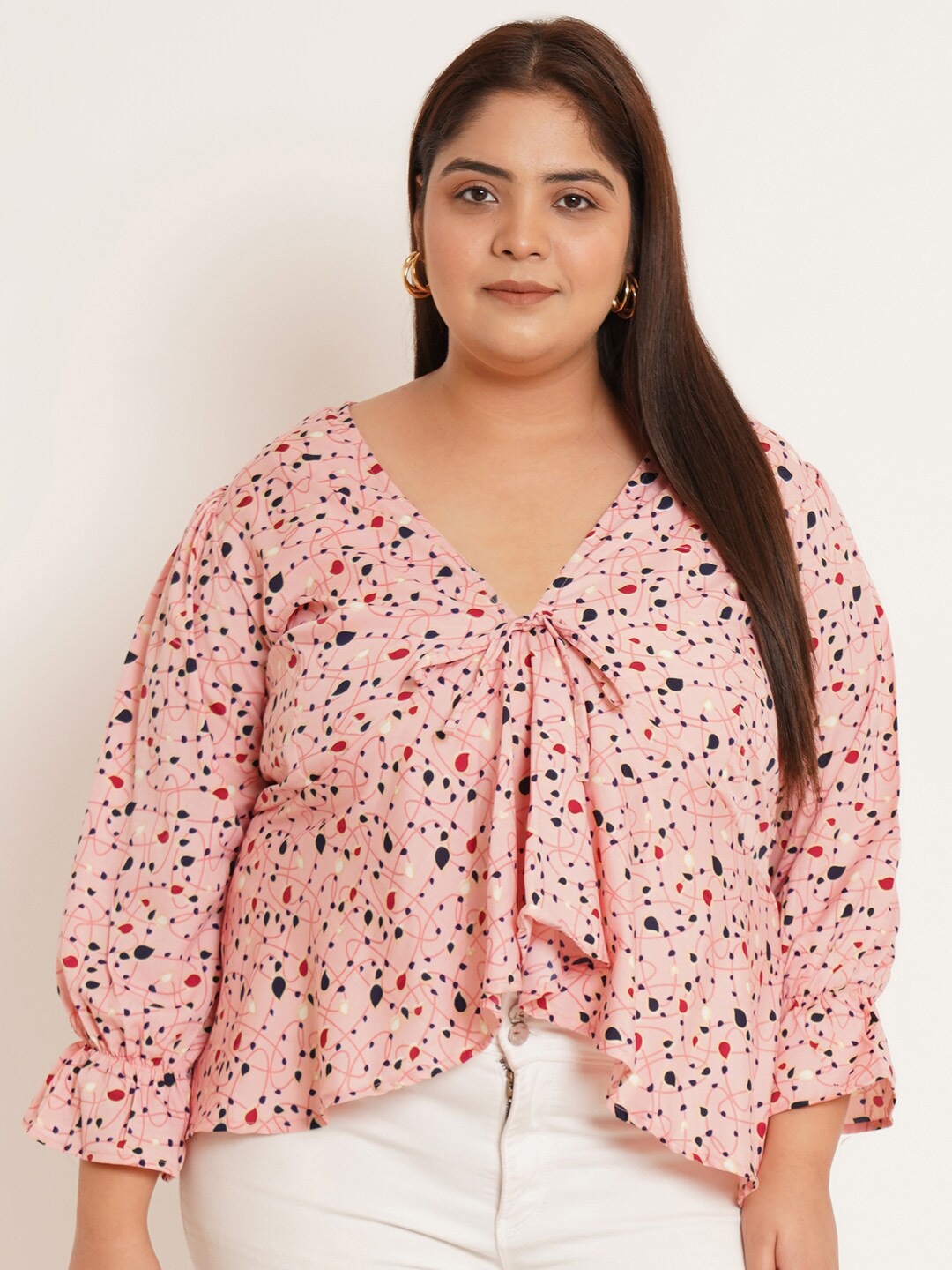 

U&F Beyond Women Plus Size Print Puff Sleeve Crepe High-Low Top, Pink