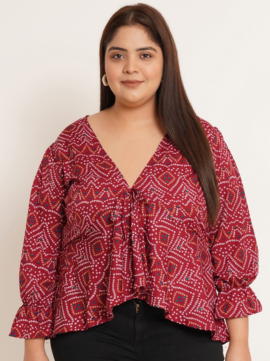 

U&F Beyond Women Plus Size Print Puff Sleeve Crepe High-Low Top, Maroon