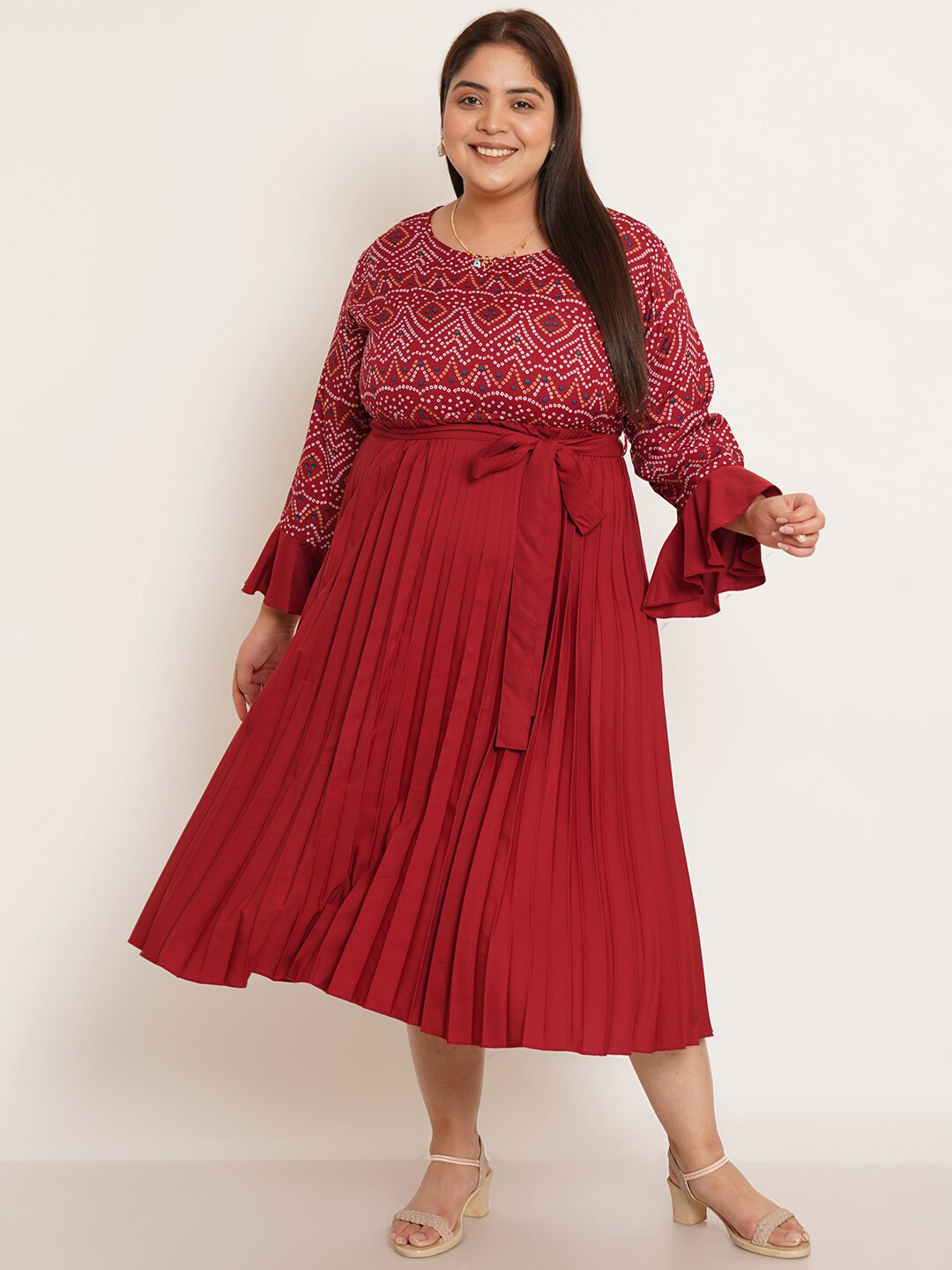 

U&F Beyond Plus Size Bandhani Printed Bell Sleeves Fit & Flare Midi Dress, Maroon