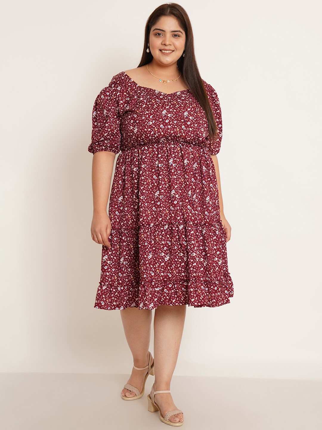 

U&F Beyond Plus Size Floral Printed Sweetheart Neck Fit & Flare Dress, Maroon