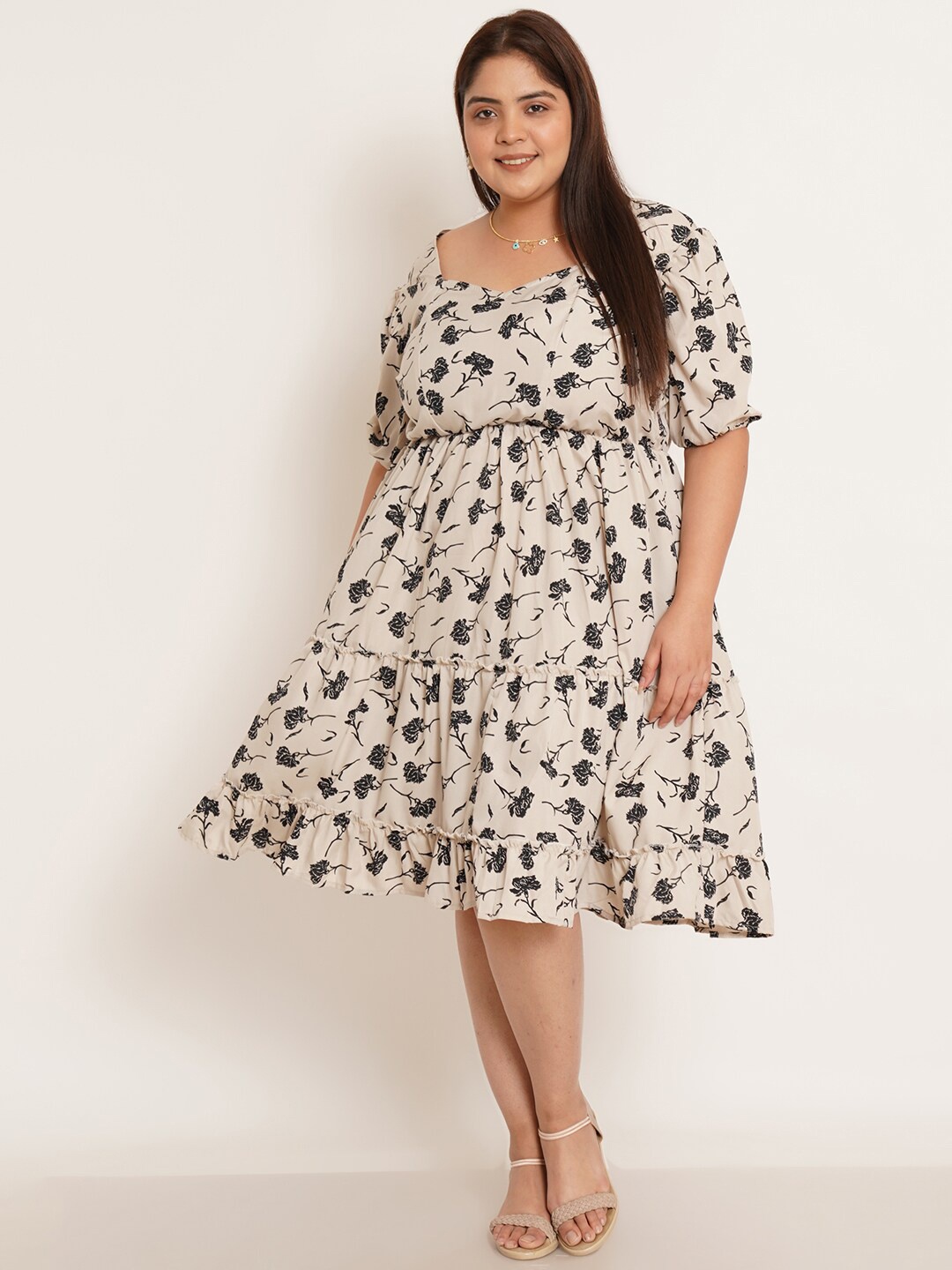 

U&F Beyond Plus Size Floral Printed Sweetheart Neck Fit & Flare Dress, Beige