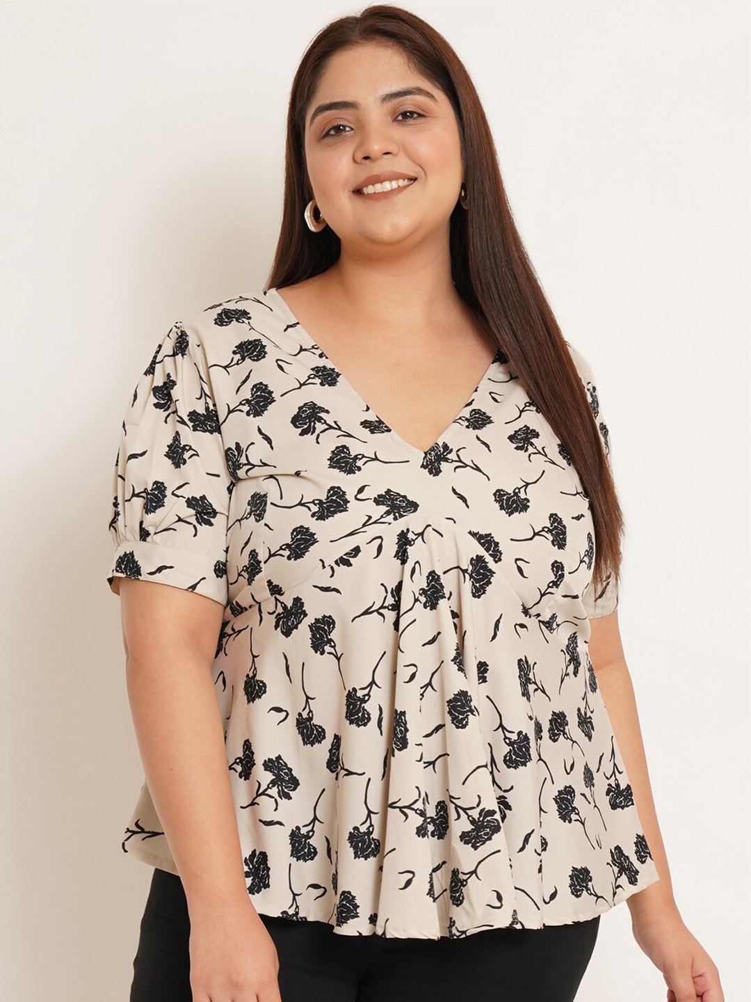 

U&F Beyond Women Plus Size Floral Print Crepe Empire Top, Beige