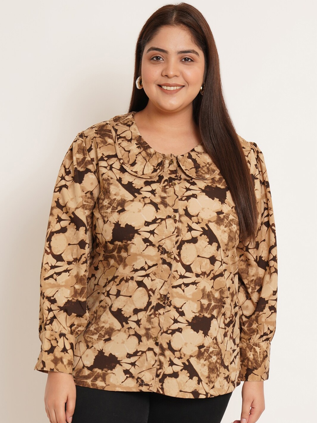 

U&F Beyond Plus Size Abstract Printed Cuffed Sleeves Regular Top, Brown