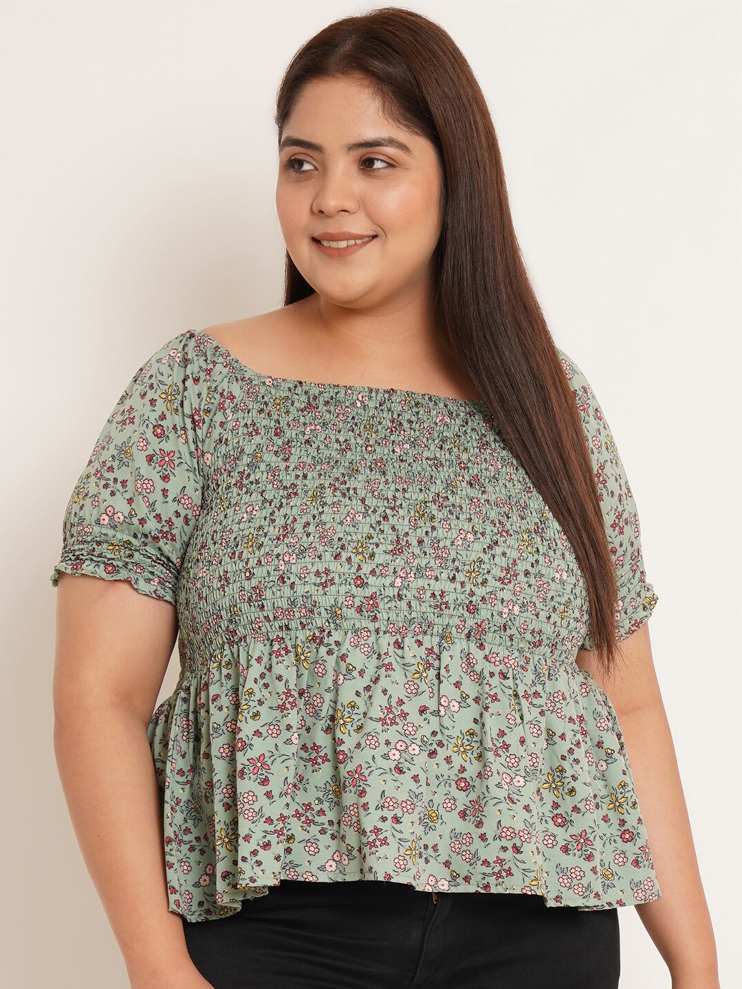 

U&F Beyond Plus Size Floral Printed Puff Sleeves Boat Neck Gathered Peplum Top, Green