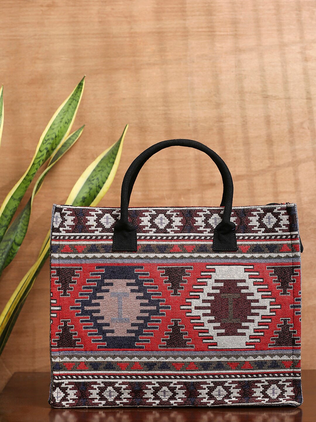 Anouk Red & Brown Self Design Structured Handheld Bag