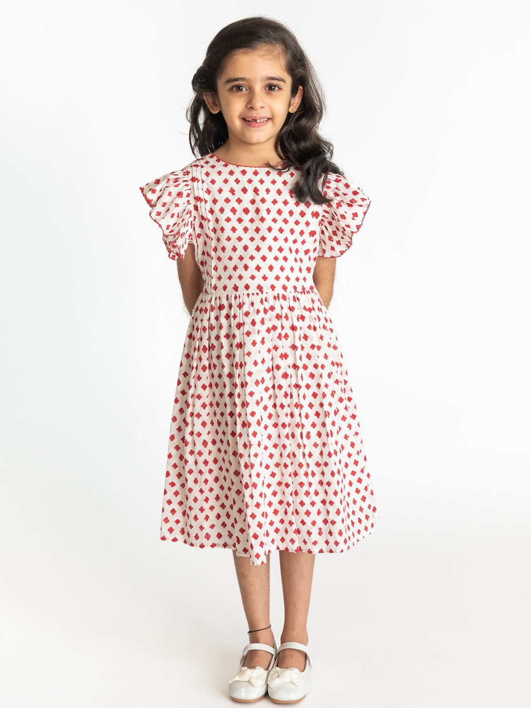 

A Little Fable Girls Abstract Printed Flutter Sleeve Cotton Fit & Flare Dress, White