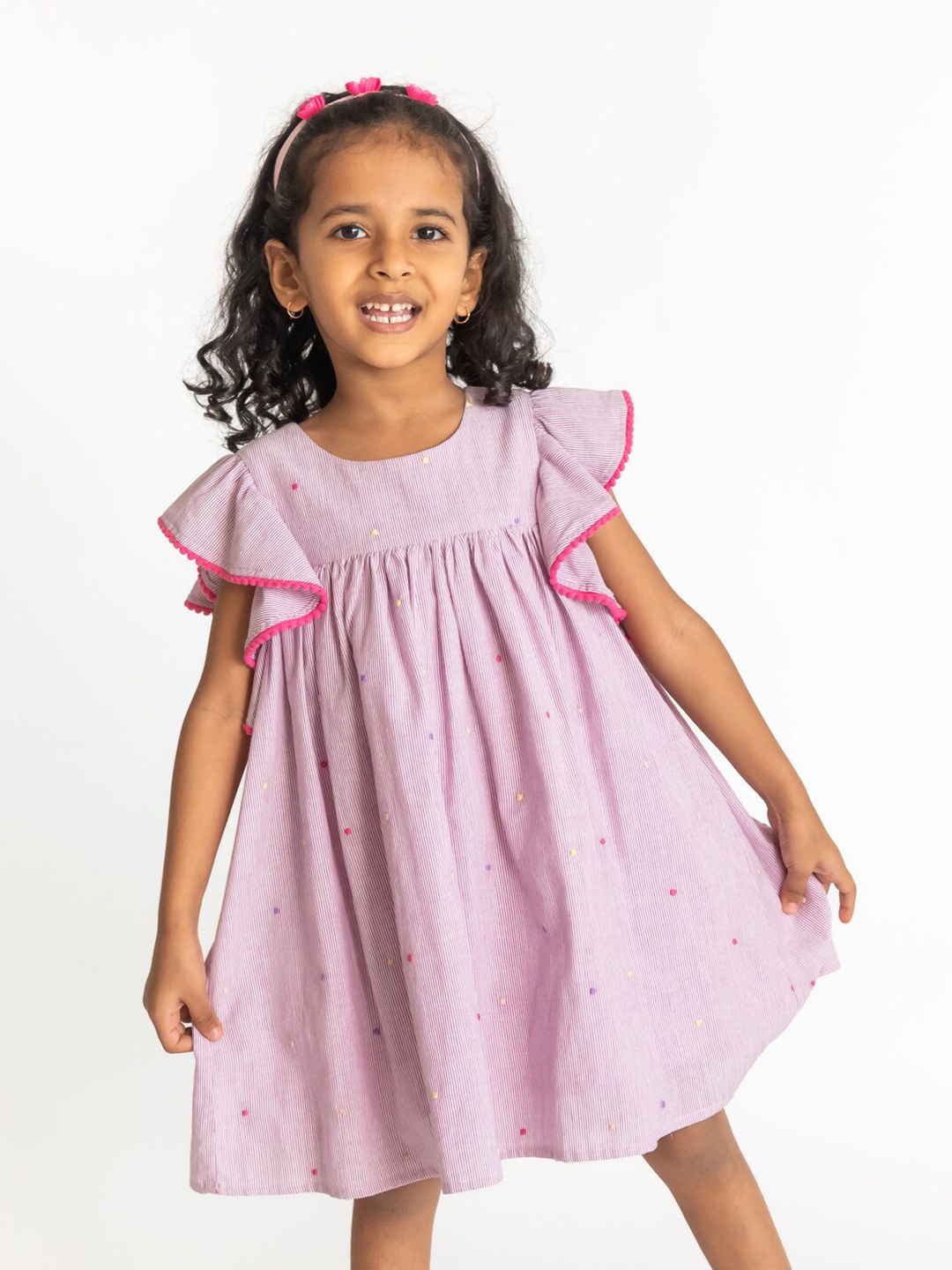 

A Little Fable Girls Striped Flutter Sleeve Cotton Empire Dress, Purple