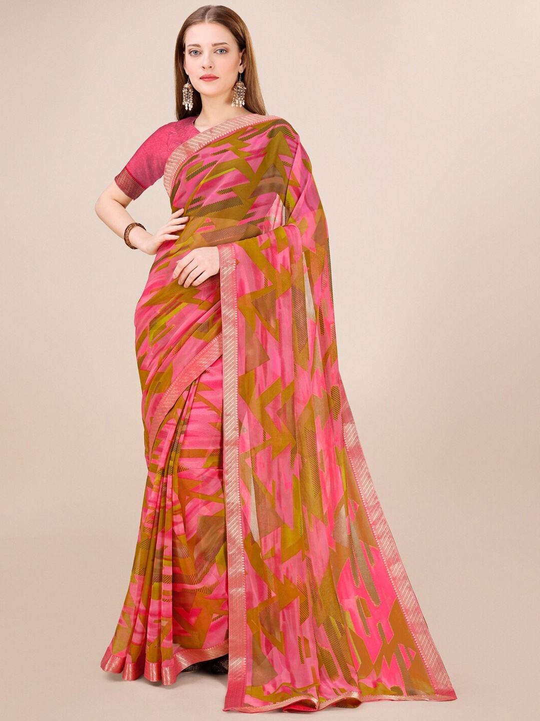 

Dori Zari Geometric Saree, Pink