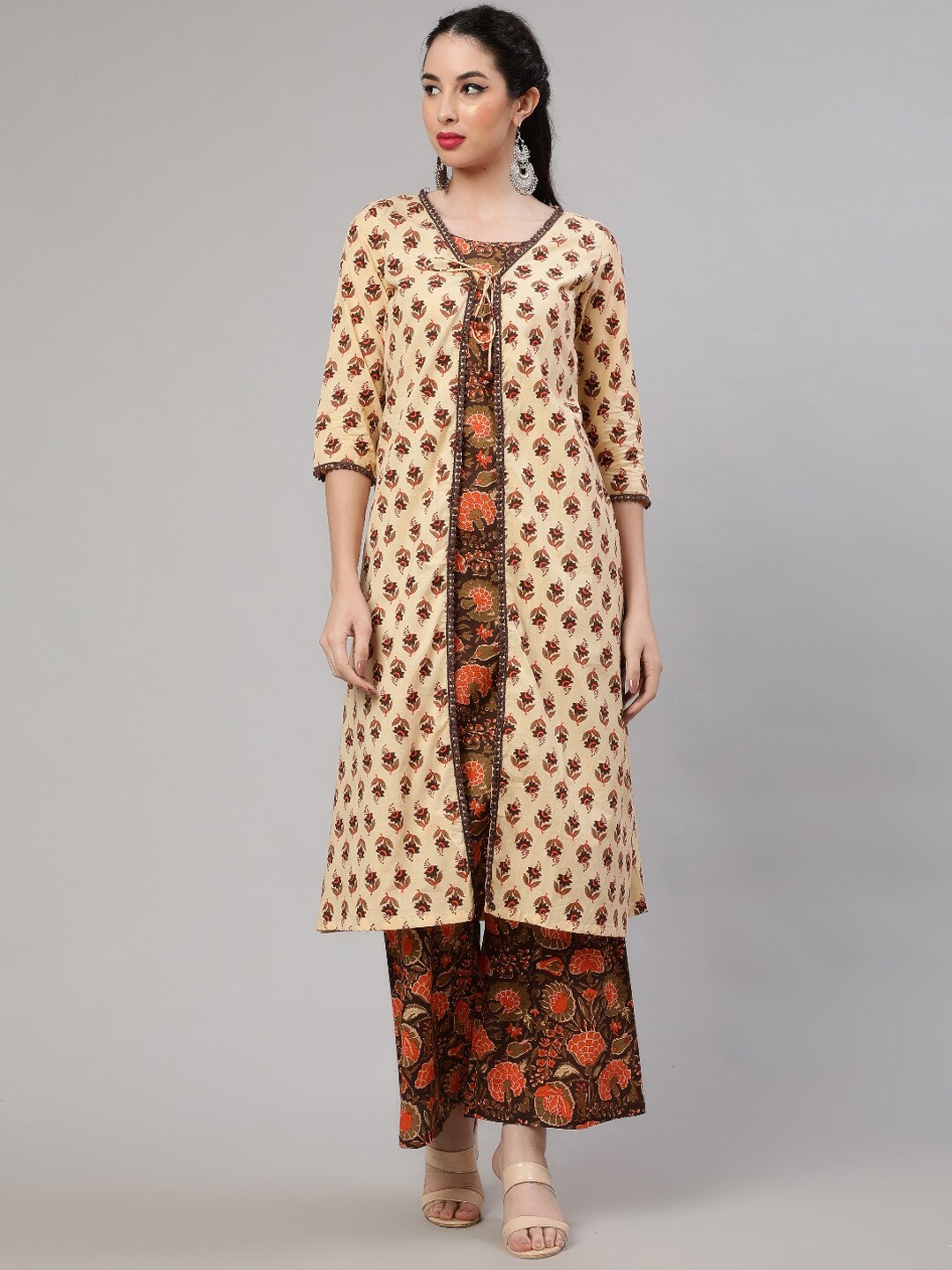 

AKS Floral Printed Regular Pure Cotton Kurta With Palazzos, Brown