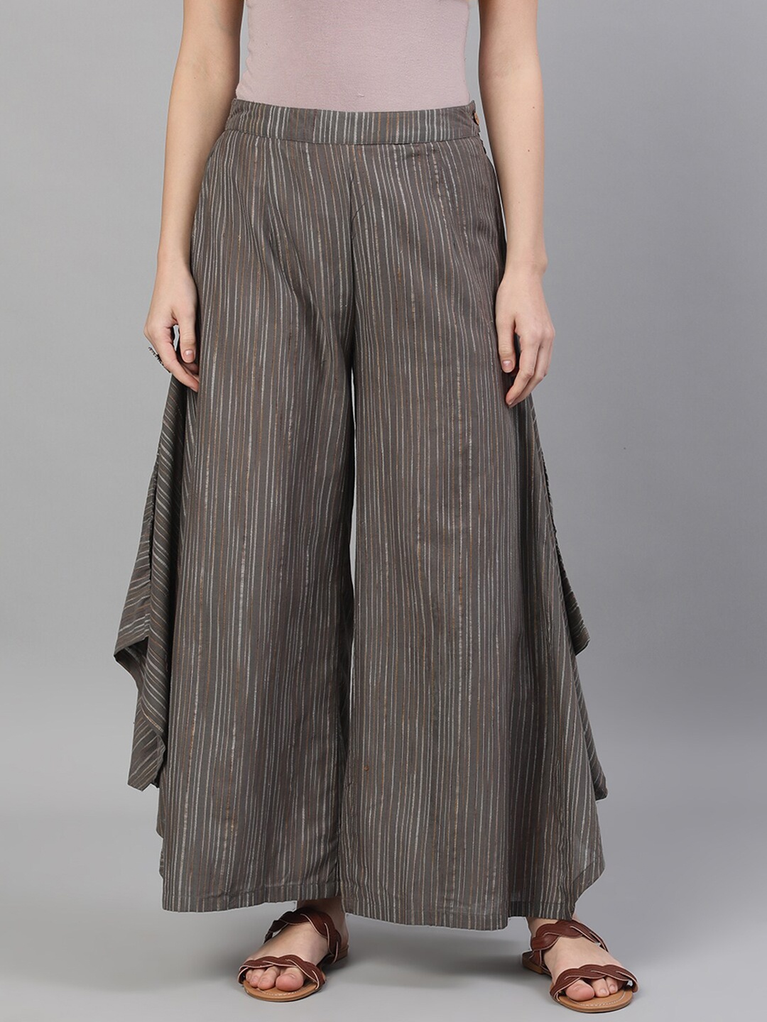 

AKS Striped Flared Cotton Palazzos, Grey