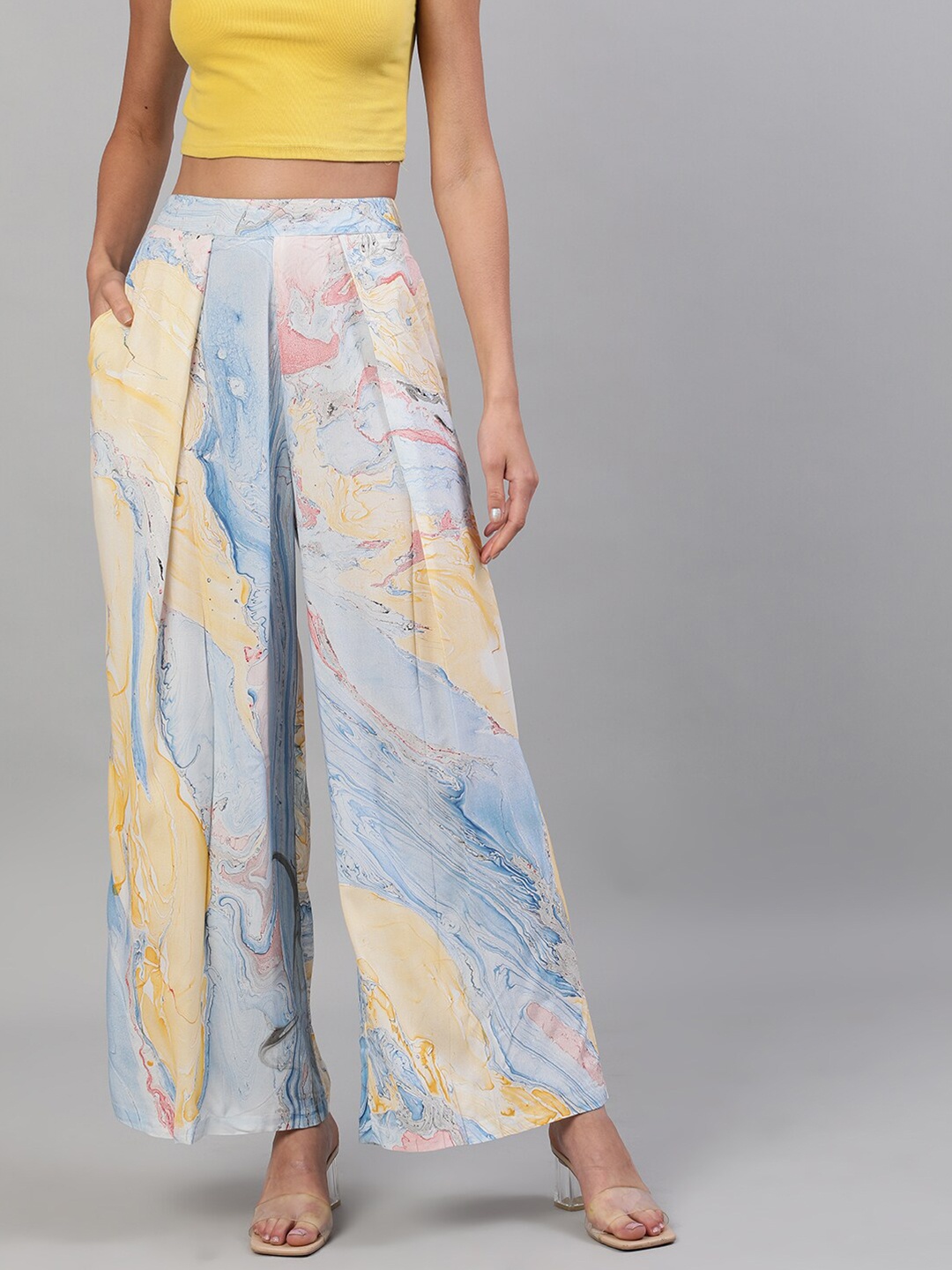 

AKS Abstract Printed Flared Palazzos, Blue