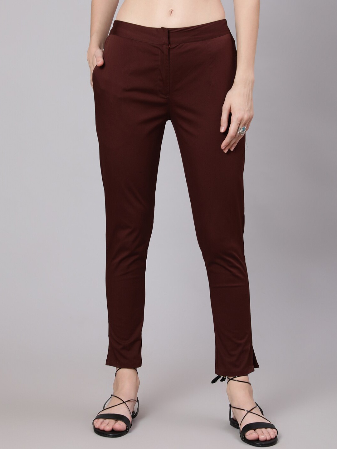 

AKS Women Mid Rise Cropped Cigarette Trousers, Brown