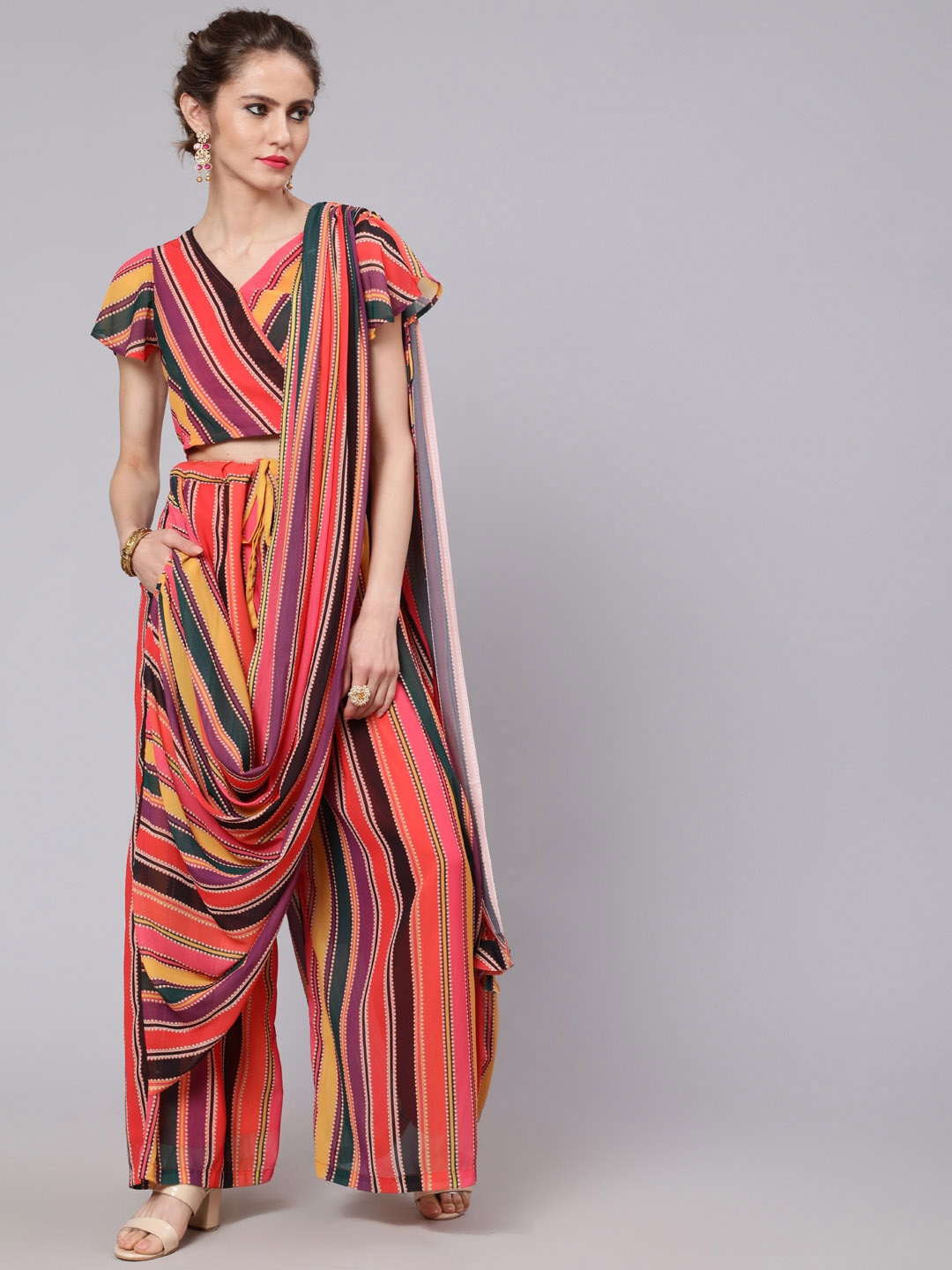 

AKS Striped Palazzo Ready To Wear Saree, Red