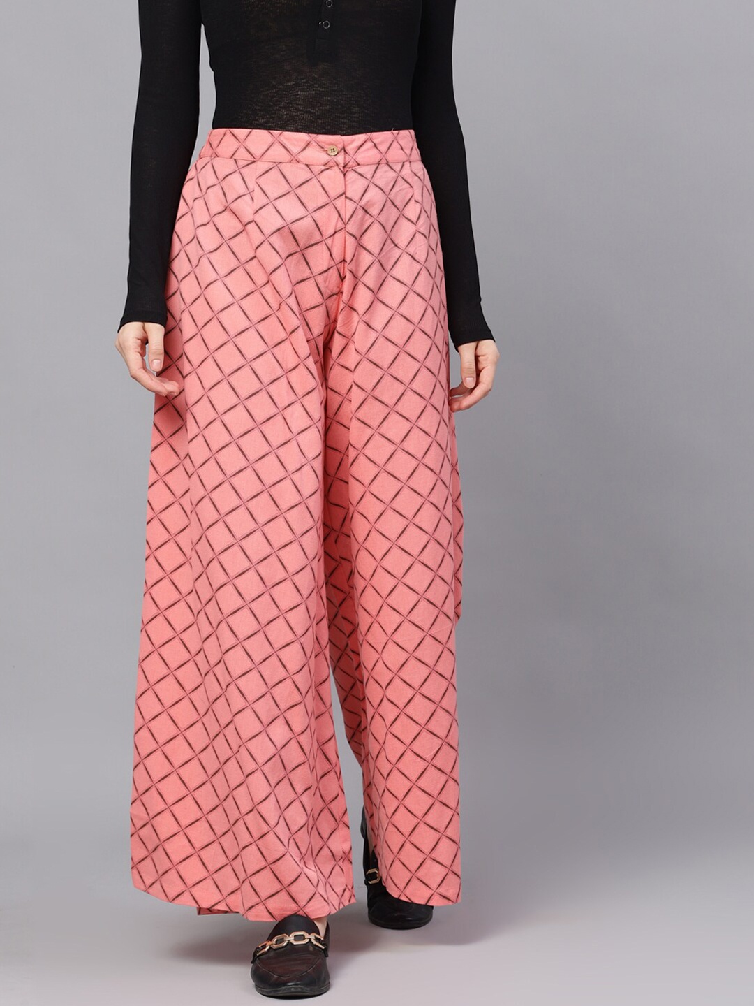 

AKS Geometric Printed Flared Cotton Palazzos, Pink
