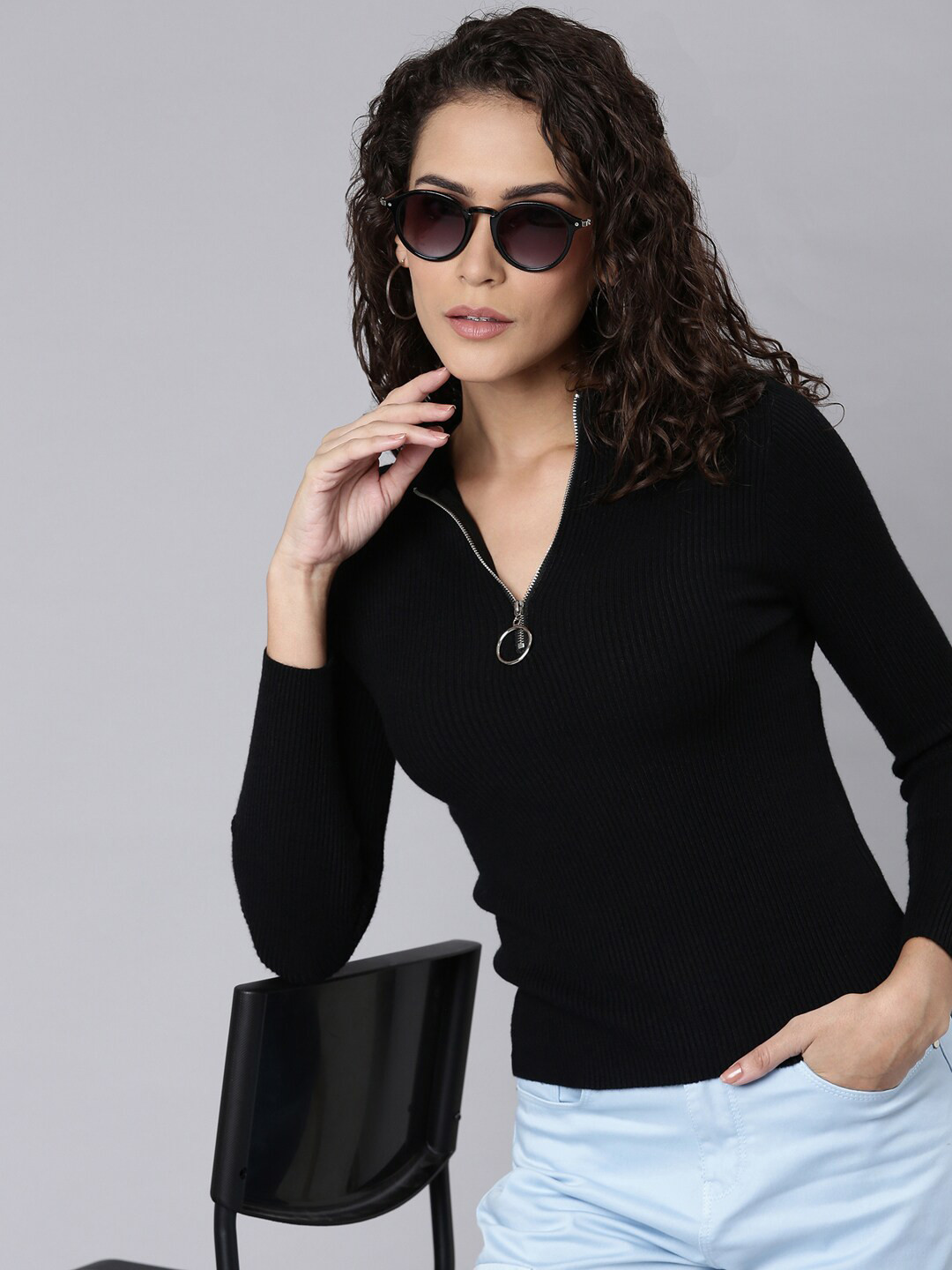 

SHOWOFF High Neck Rbbed Fitted Top, Black