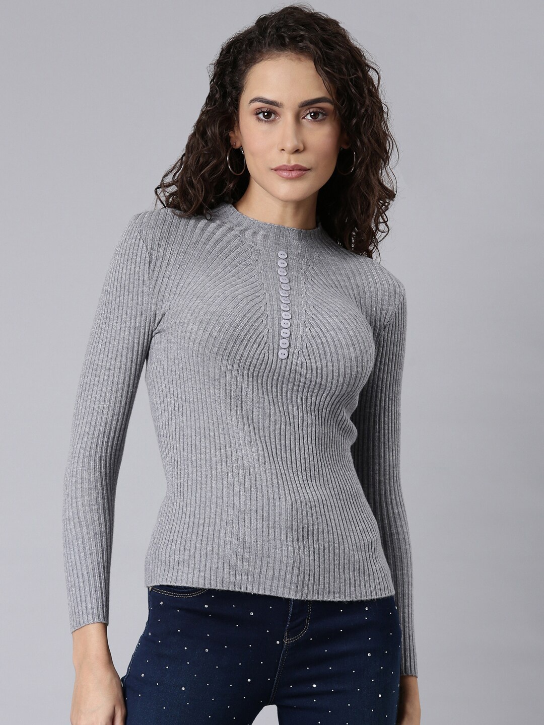 

SHOWOFF Self Design High Neck Ribbed Fitted Top, Grey