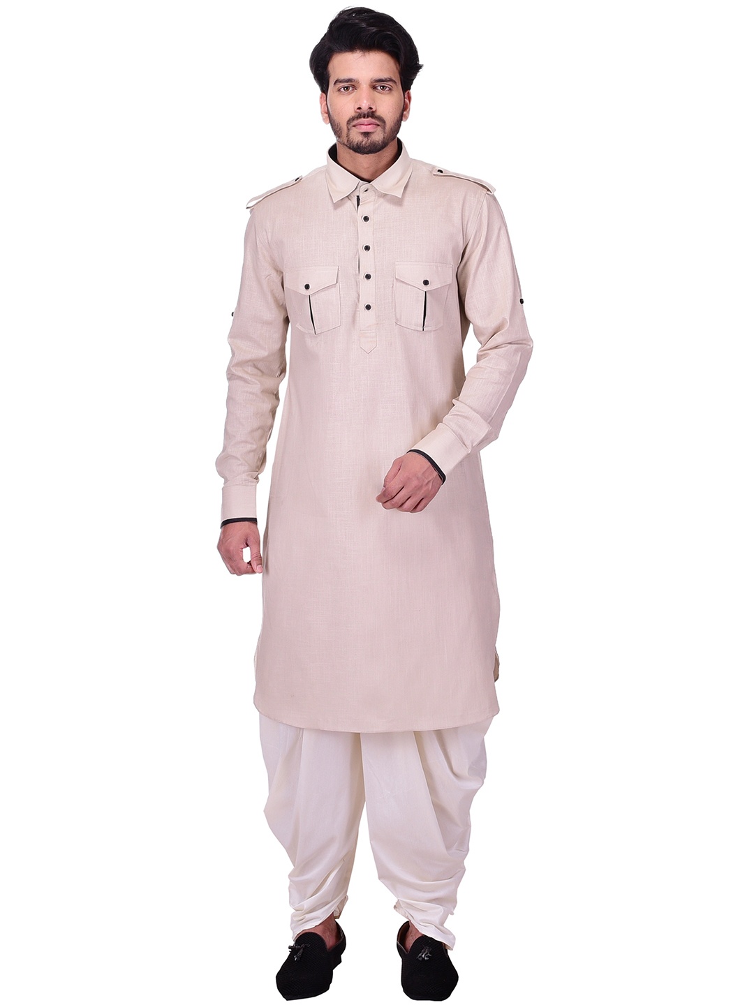 

Manyavar Men Beige Solid Pathani Kurta
