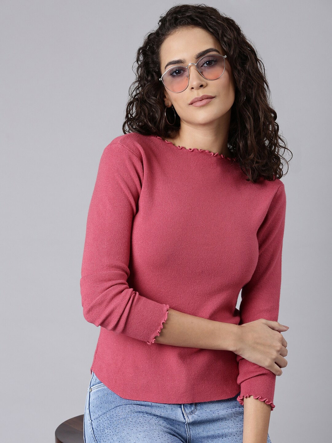 

SHOWOFF Self Design Ribbed Mock Neck Fitted Top, Fuchsia