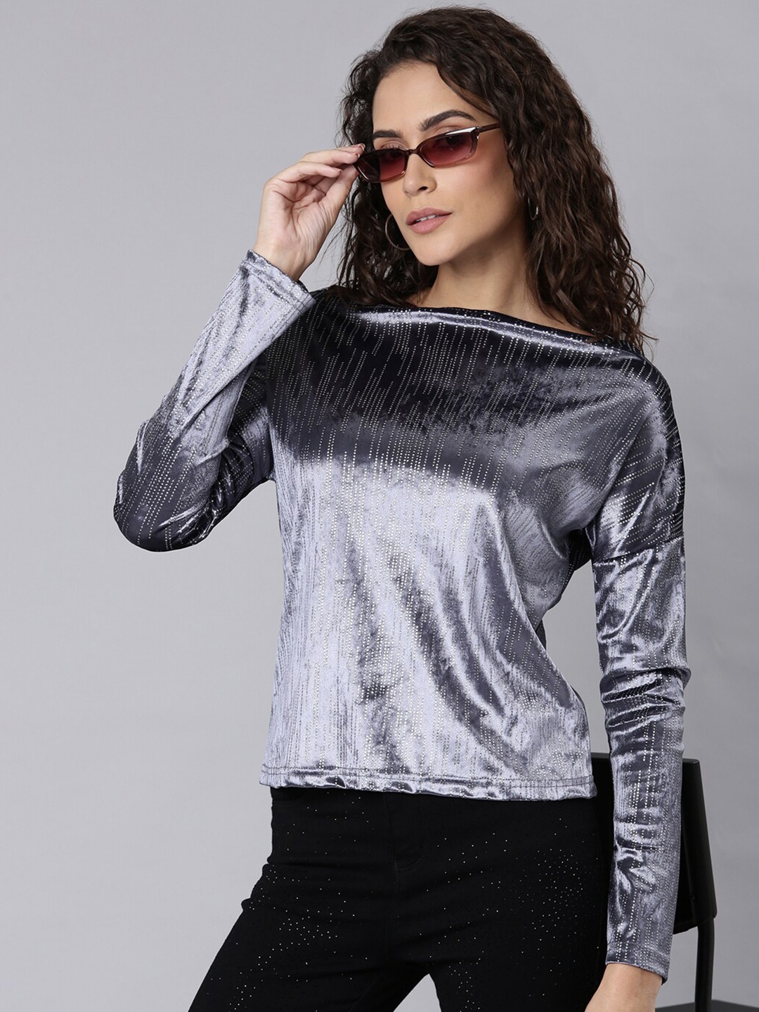 

SHOWOFF Striped Boat Neck Drop-Shoulder Sleeves Gathered Regular Top, Grey