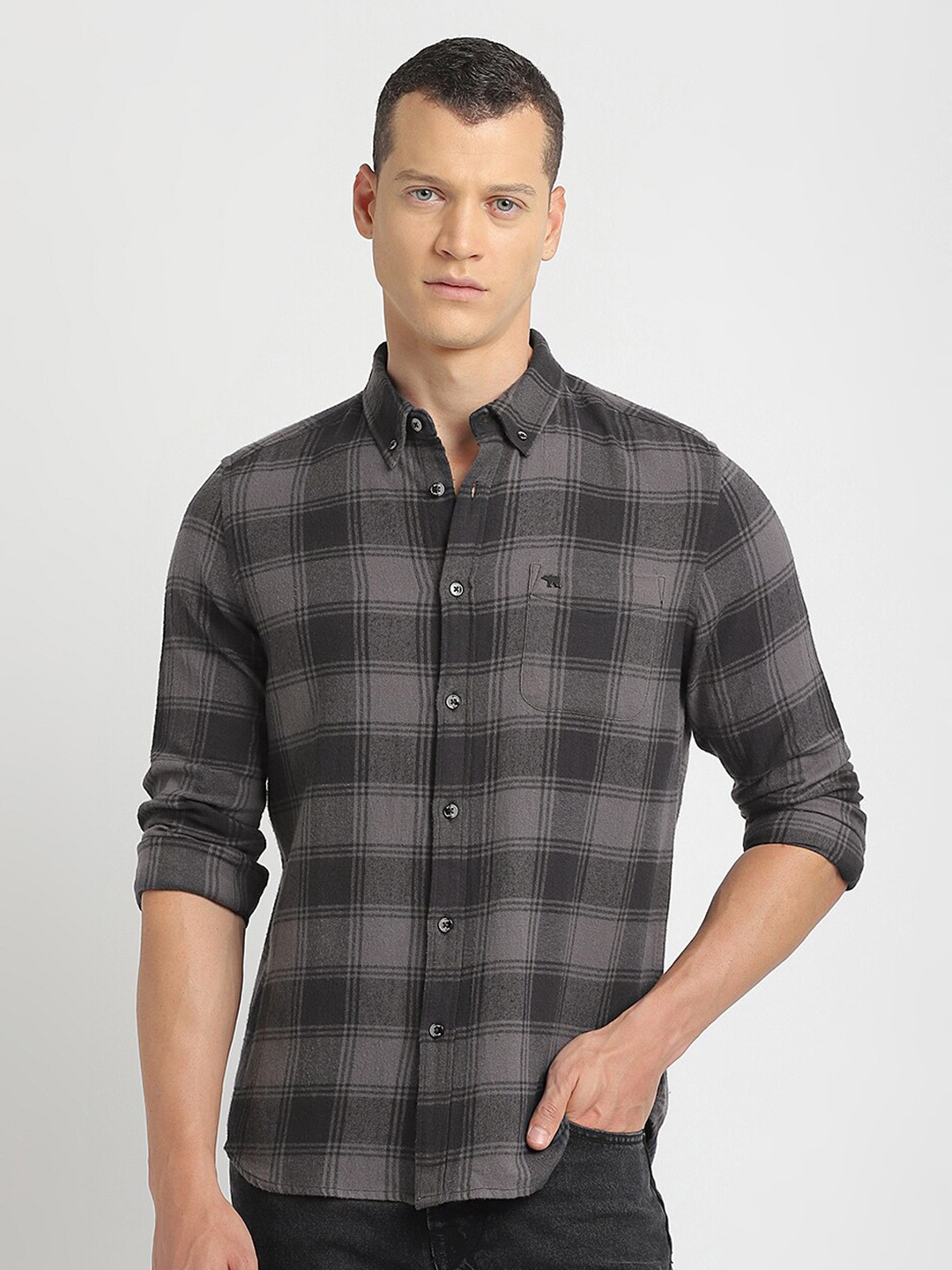 

THE BEAR HOUSE Slim Fit Tartan Checked Button-Down Collar Opaque Pure Cotton Casual Shirt, Black