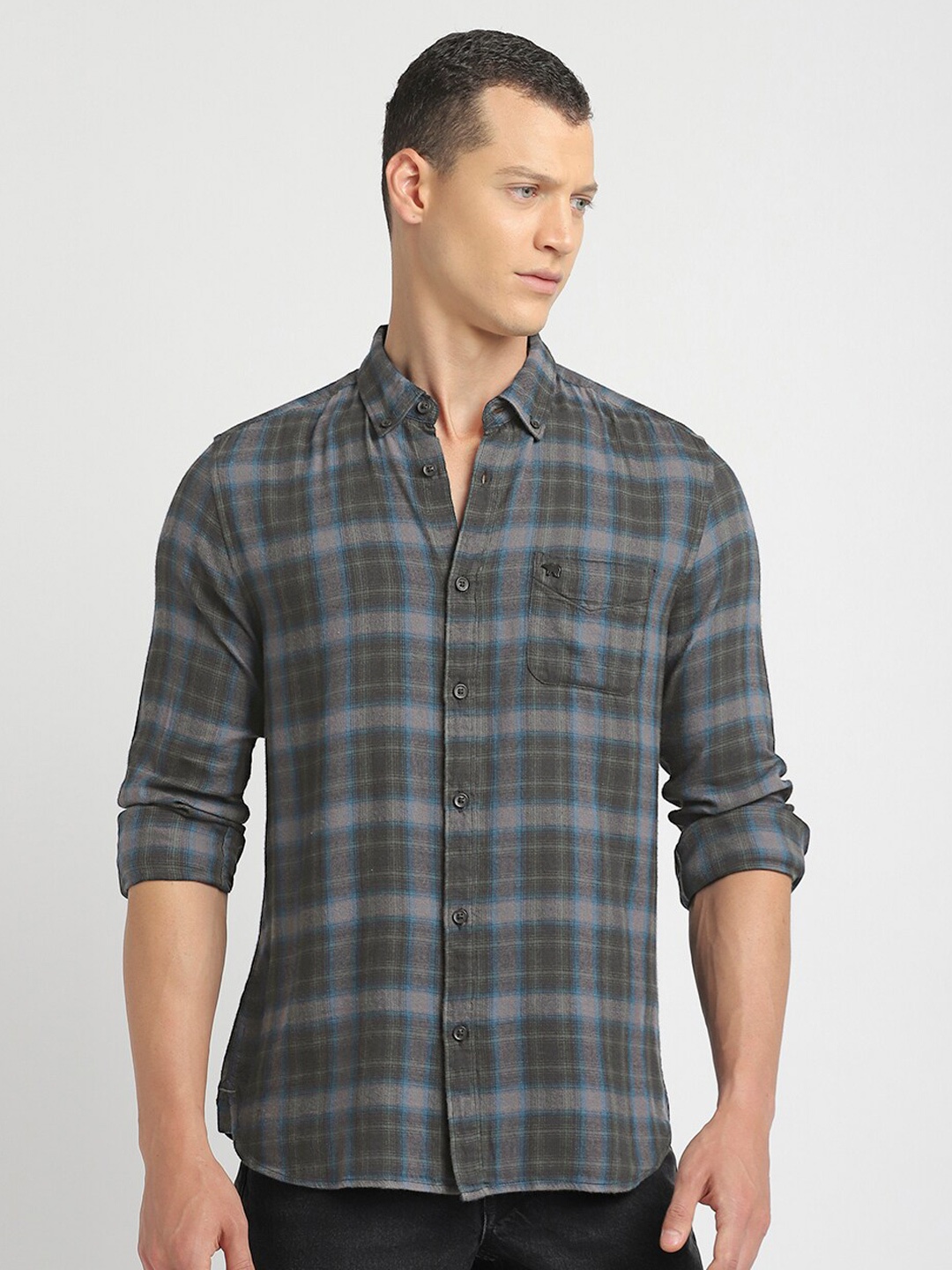 

THE BEAR HOUSE Slim Fit Tartan Checked Button-Down Collar Opaque Pure Cotton Casual Shirt, Grey