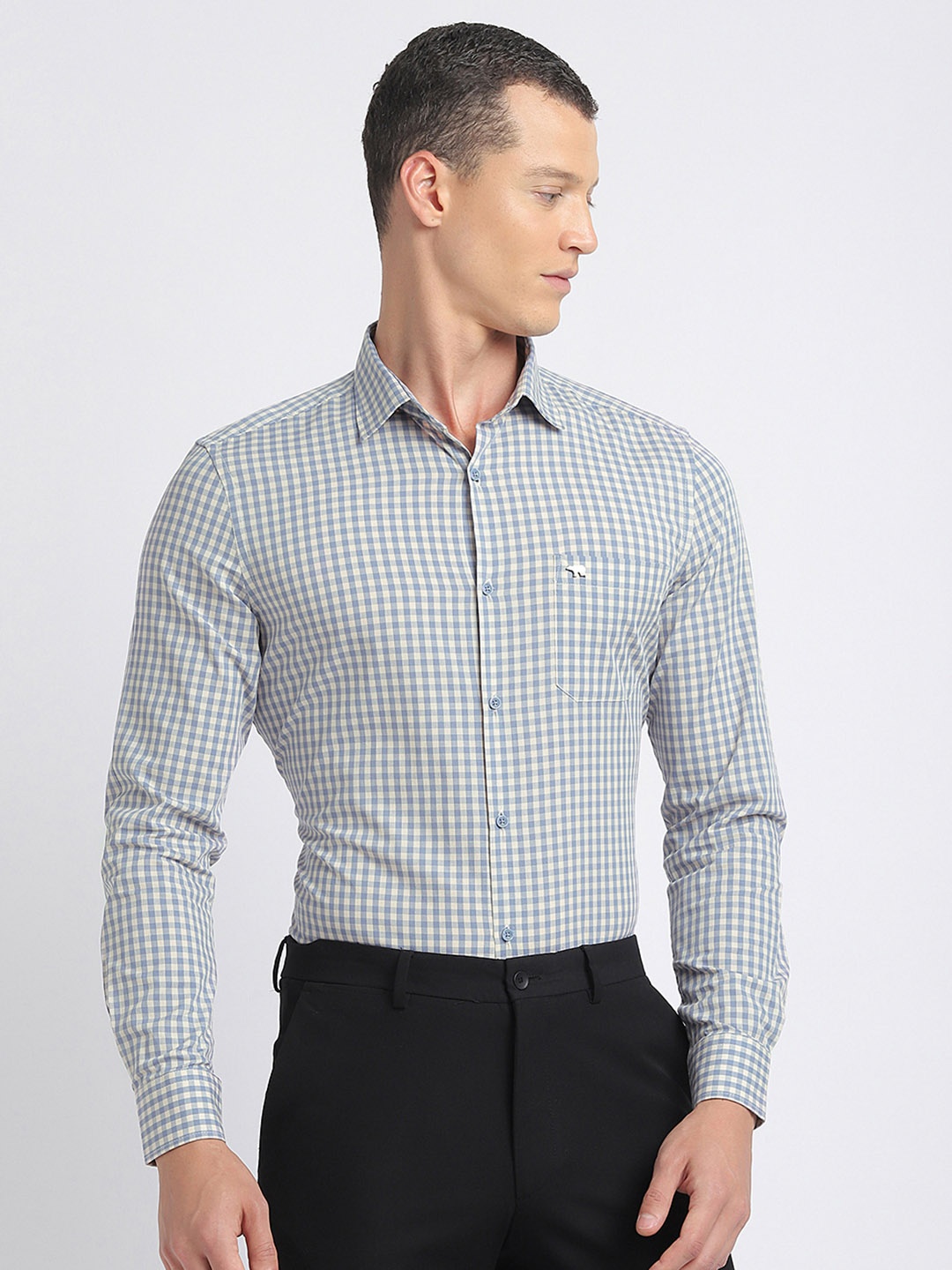 

THE BEAR HOUSE Spread Collar Slim Fit Checked Formal Pure Cotton Shirt, Blue