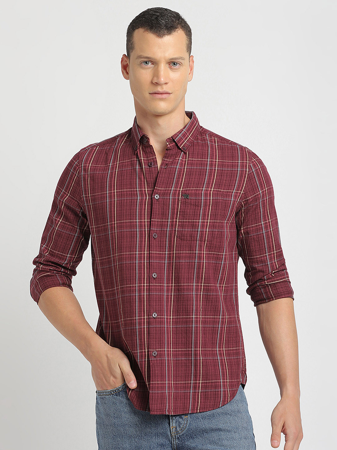 

THE BEAR HOUSE Slim Fit Tartan Checked Pure Cotton Casual Shirt, Maroon