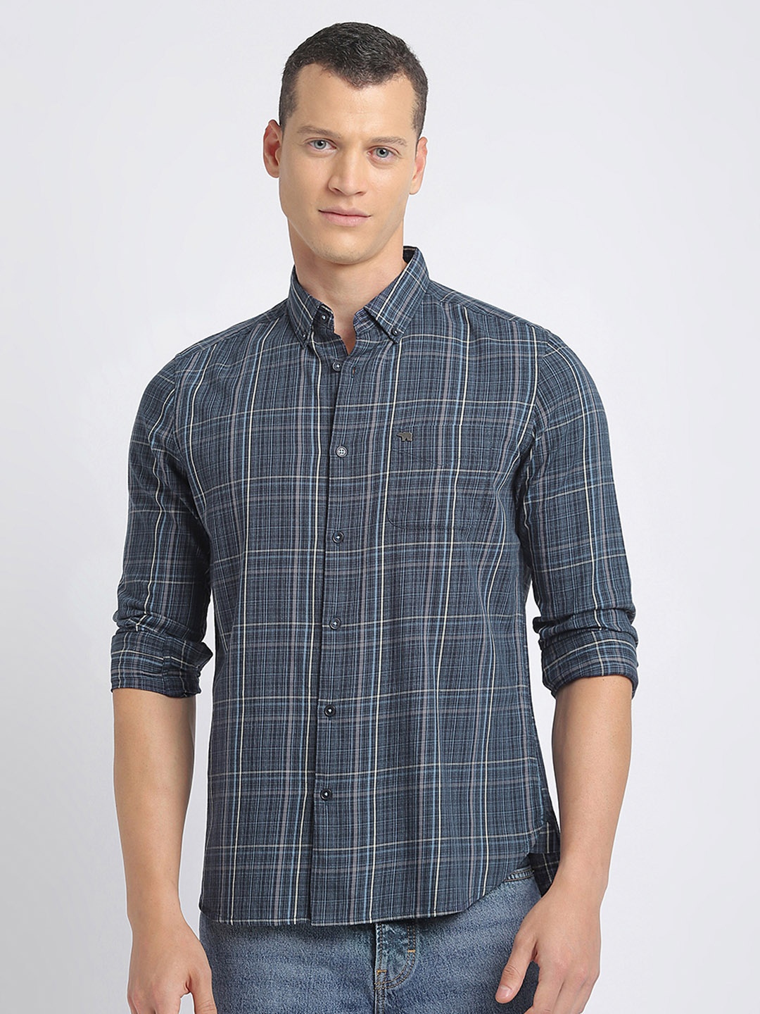 

THE BEAR HOUSE Slim Fit Tartan Checked Button-Down Collar Pure Cotton Casual Shirt, Blue