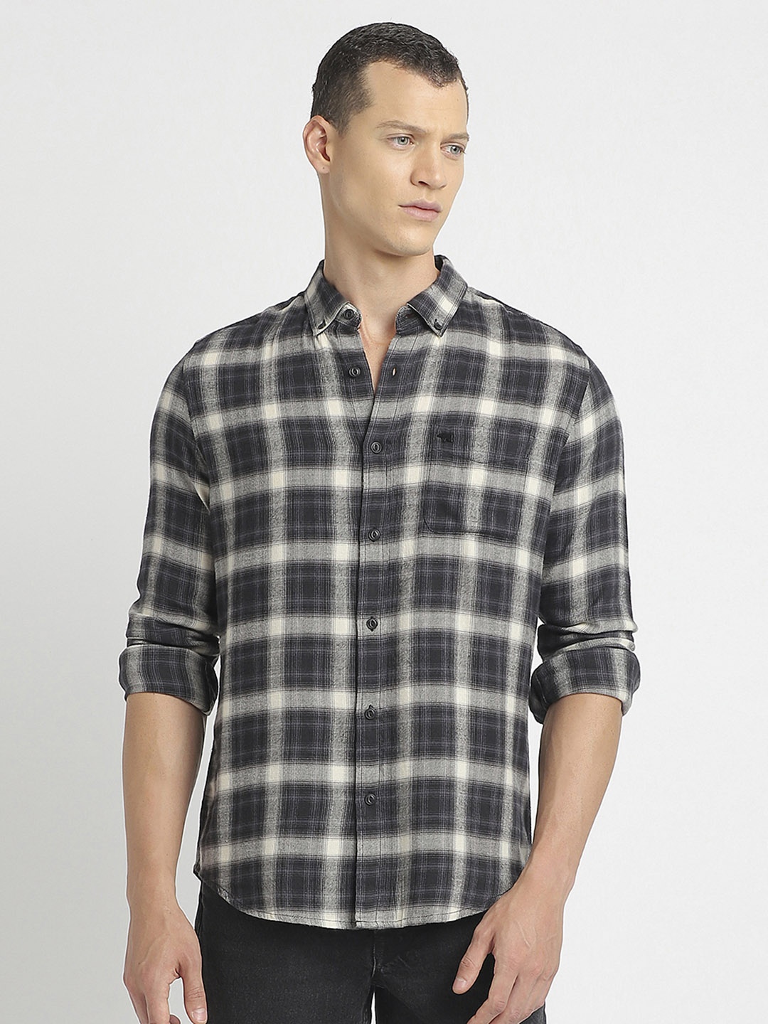 

THE BEAR HOUSE Tartan Checked Slim Fit Casual Pure Cotton Shirt, Black