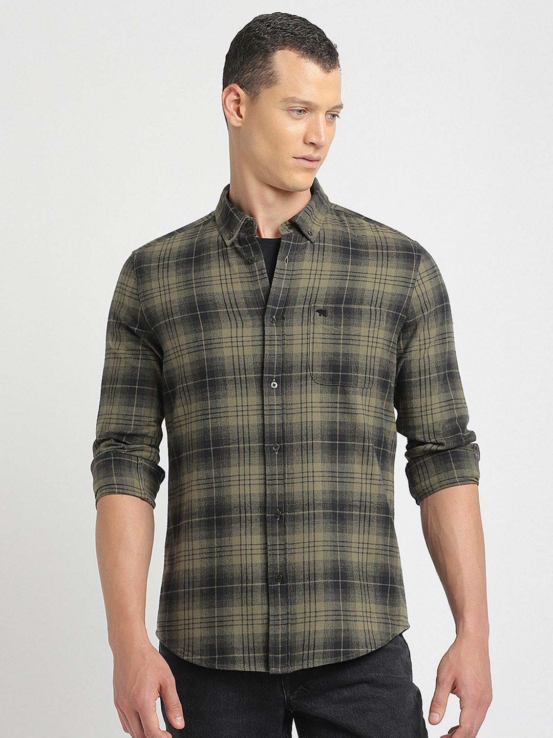 

THE BEAR HOUSE Slim Fit Tartan Checked Button-Down Collar Pure Cotton Casual Shirt, Green