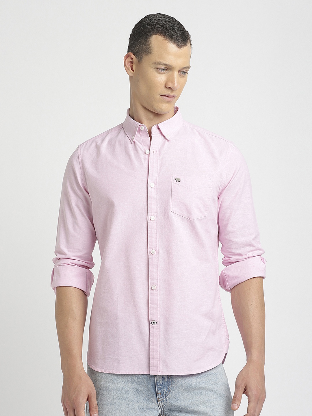 

THE BEAR HOUSE Slim Fit Button-Down Collar Pure Cotton Oxford Casual Shirt, Pink