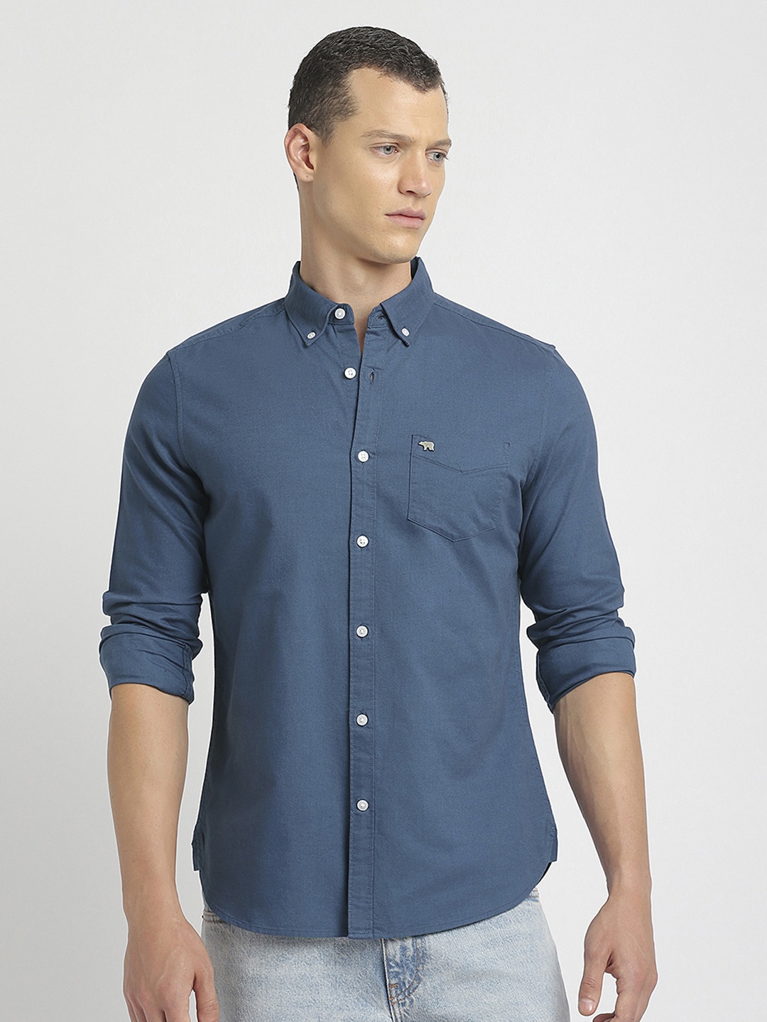 

THE BEAR HOUSE Slim Fit Button-Down Collar Pure Cotton Casual Shirt, Blue