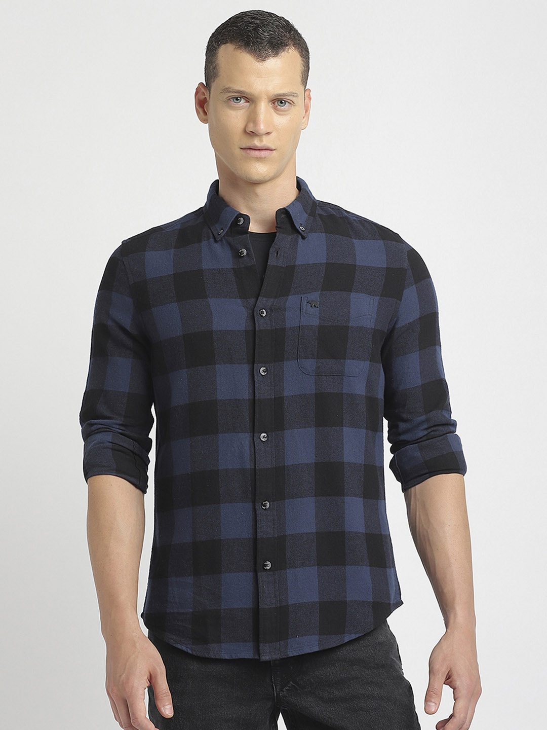 

THE BEAR HOUSE Button-Down Collar Slim Fit Flannel Buffalo Checked Casual Shirt, Blue