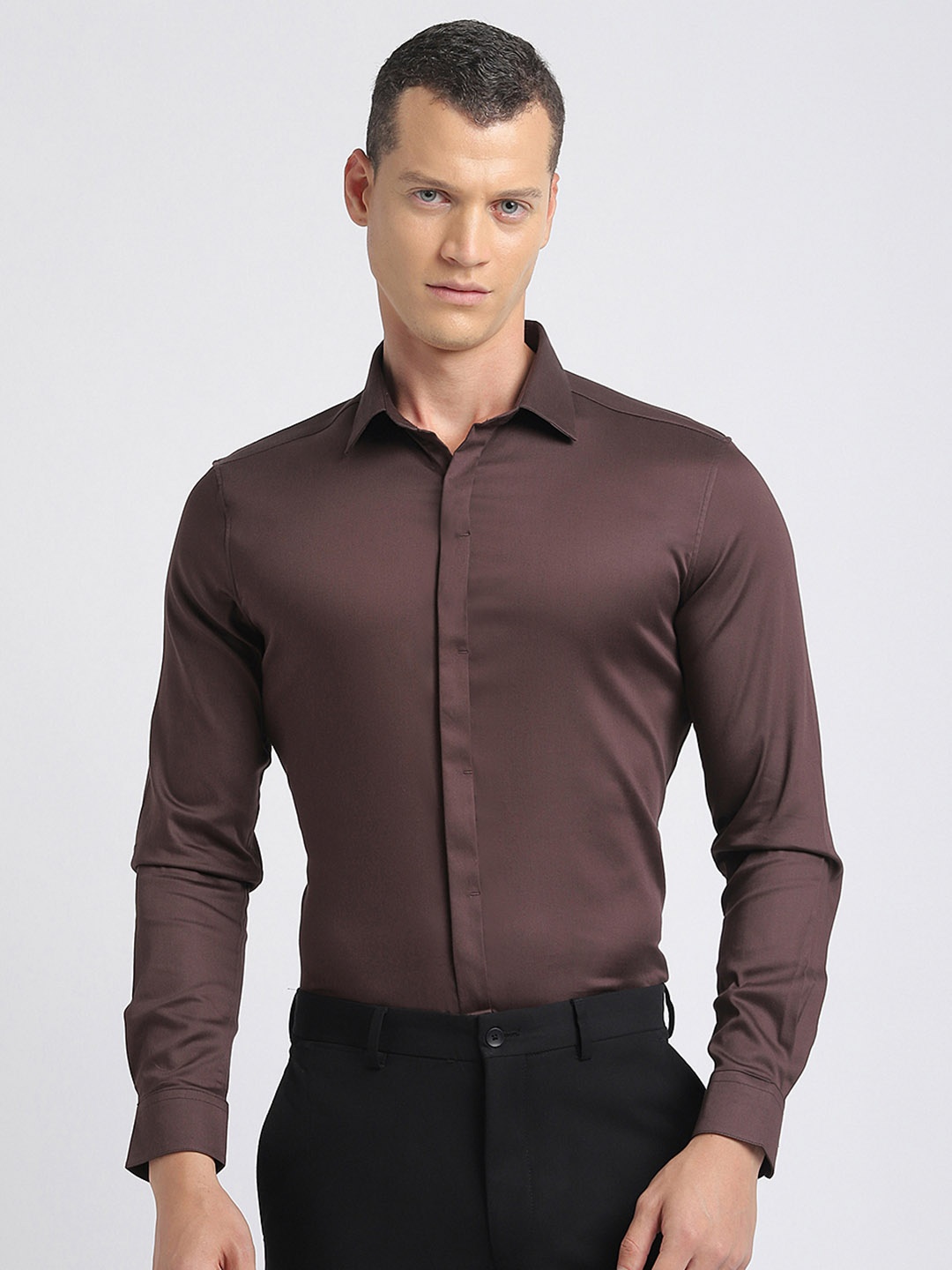 

THE BEAR HOUSE Slim Fit Spread Collar Pure Cotton Formal Shirt, Brown