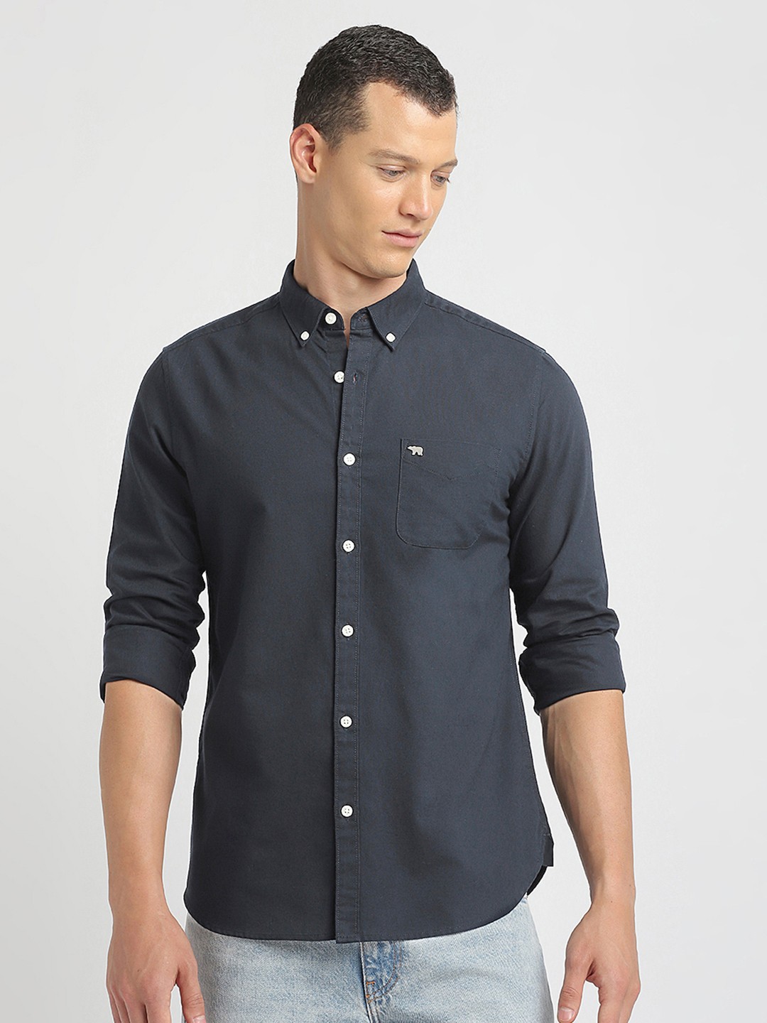 

THE BEAR HOUSE Slim Fit Button-Down Collar Pure Cotton Casual Shirt, Blue