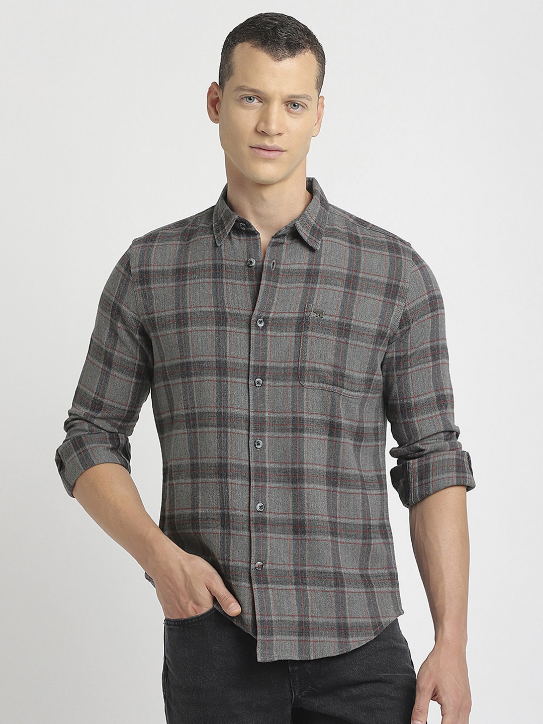 

THE BEAR HOUSE Tartan Checked Slim Fit Casual Pure Cotton Shirt, Grey