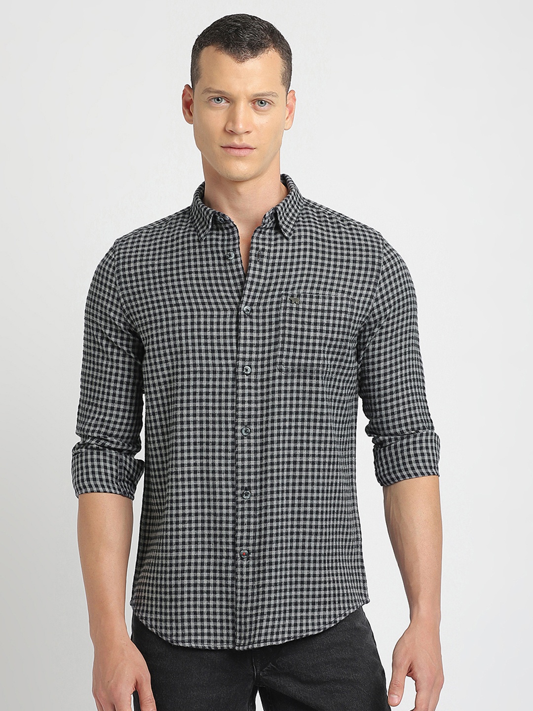 

THE BEAR HOUSE Slim Fit Tartan Checked Casual Pure Cotton Shirt, Black