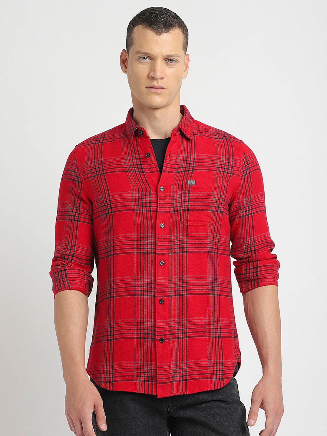 

THE BEAR HOUSE Tartan Checked Slim Fit Casual Cotton Shirt, Red