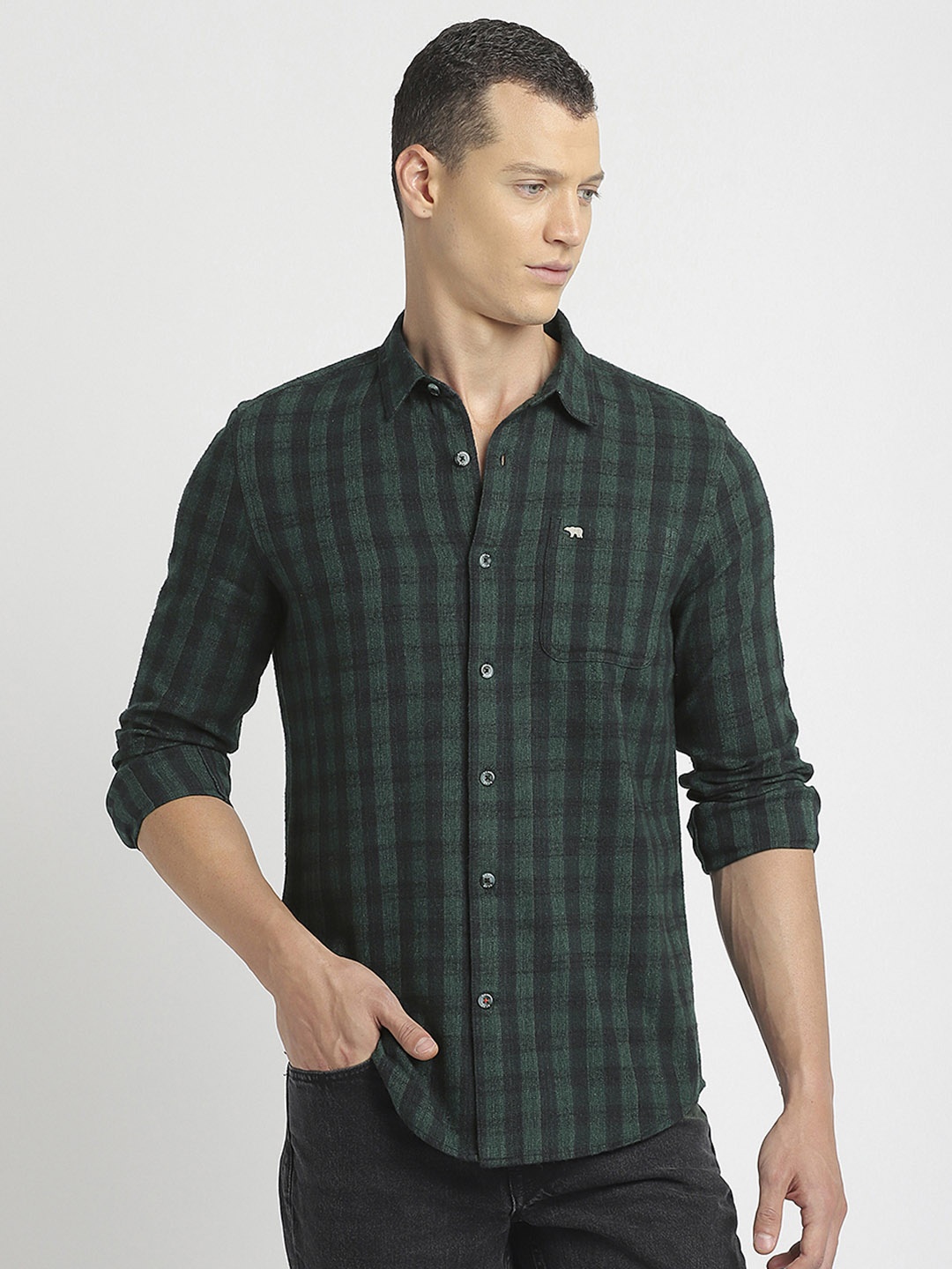 

THE BEAR HOUSE Slim Fit Tartan Checked Pure Cotton Casual Shirt, Green