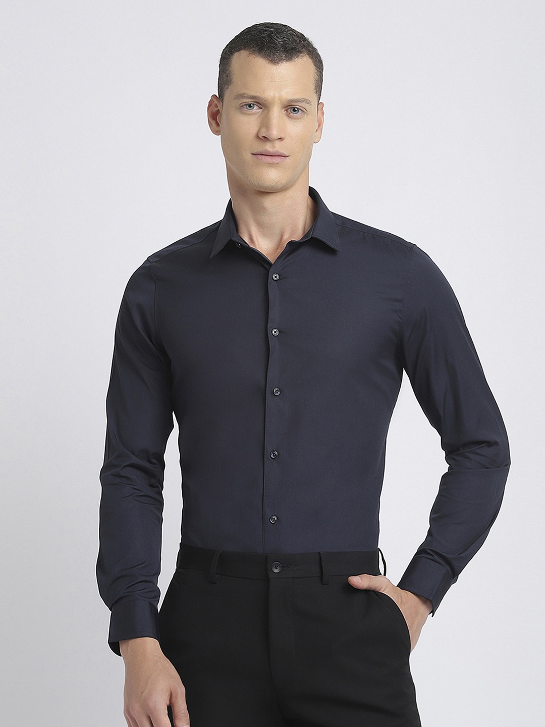 

THE BEAR HOUSE Slim Fit Long Sleeves Pure Cotton Formal Shirt, Blue