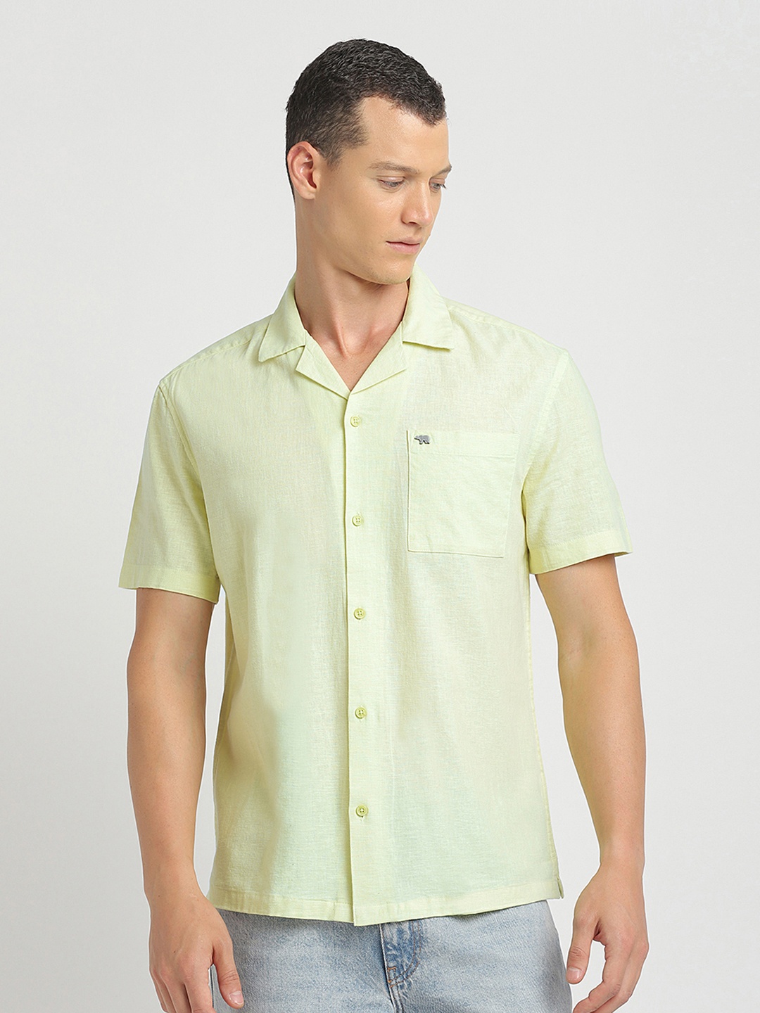 

THE BEAR HOUSE Slim Fit Cuban Collar Casual Shirt, Yellow