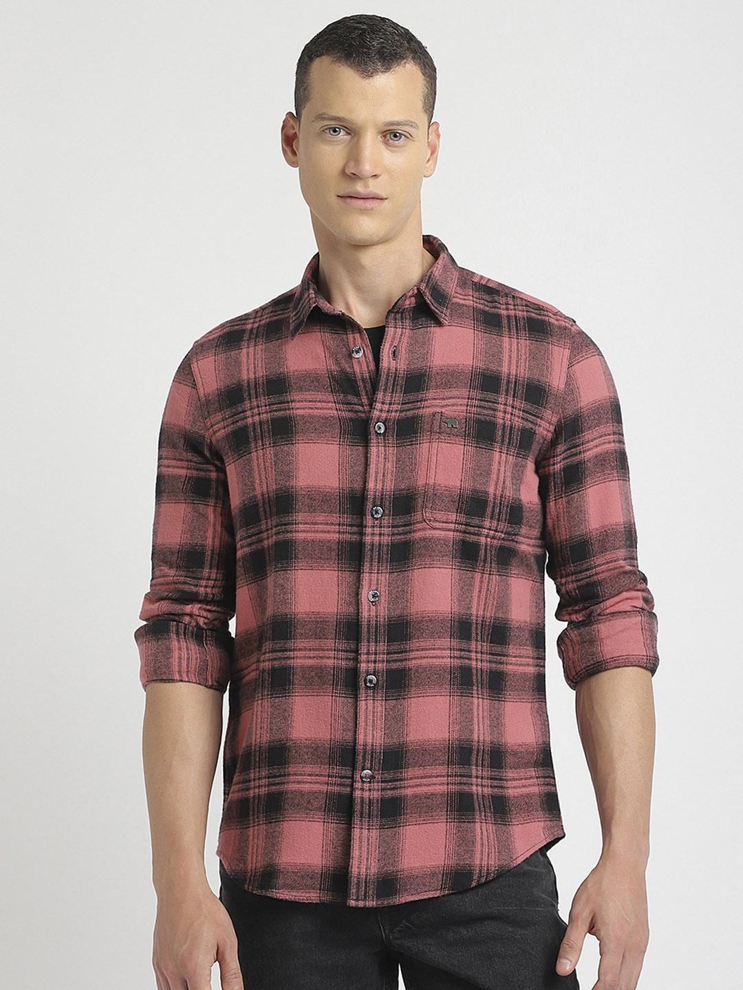 

THE BEAR HOUSE Slim Fit Tartan Checked Pure Cotton Casual Shirt, Pink