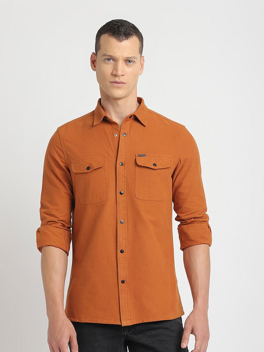 

THE BEAR HOUSE Slim Fit Opaque Pure Cotton Casual Shirt, Orange