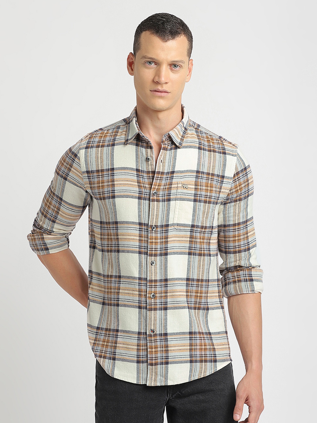 

THE BEAR HOUSE Spread Collar Slim Fit Tartan Checked Casual Cotton Shirt, Beige