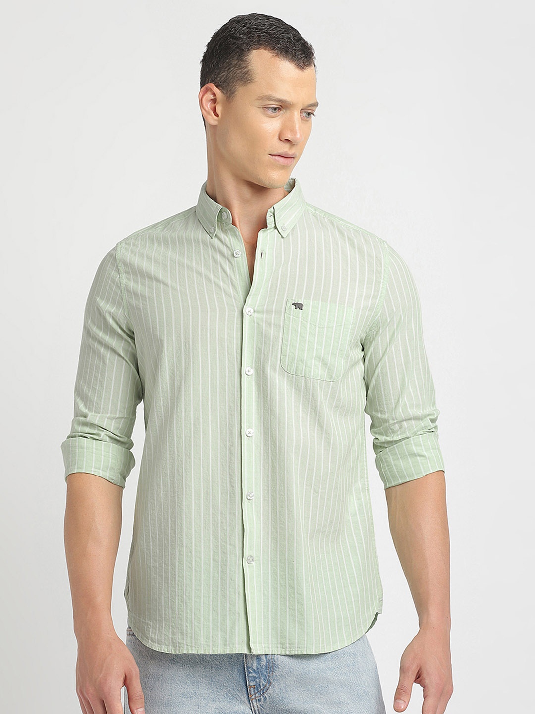 

THE BEAR HOUSE Slim Fit Vertical Striped Button-Down Collar Pure Cotton Casual Shirt, Green