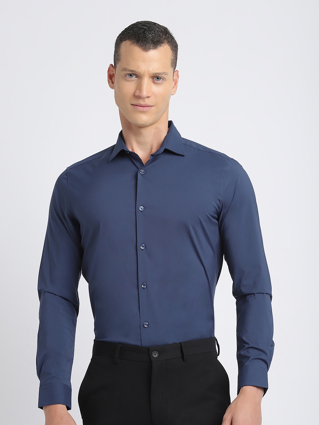 

THE BEAR HOUSE Spread Collar Slim Fit Formal Pure Cotton Shirt, Blue