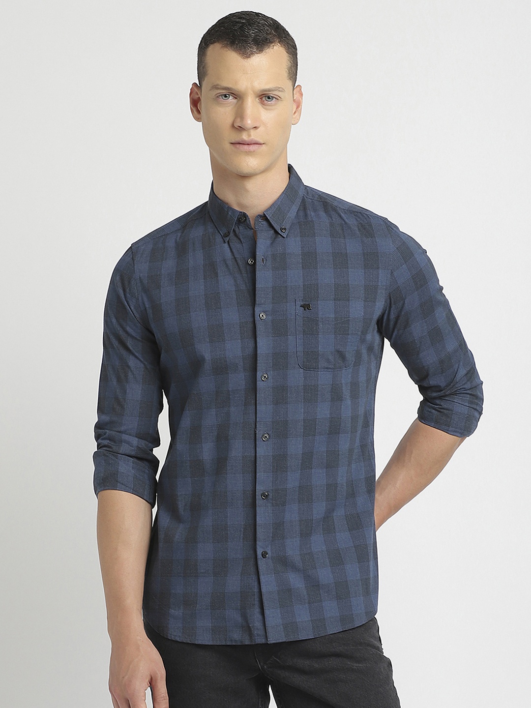 

THE BEAR HOUSE Buffalo Checked Slim Fit Casual Pure Cotton Shirt, Blue