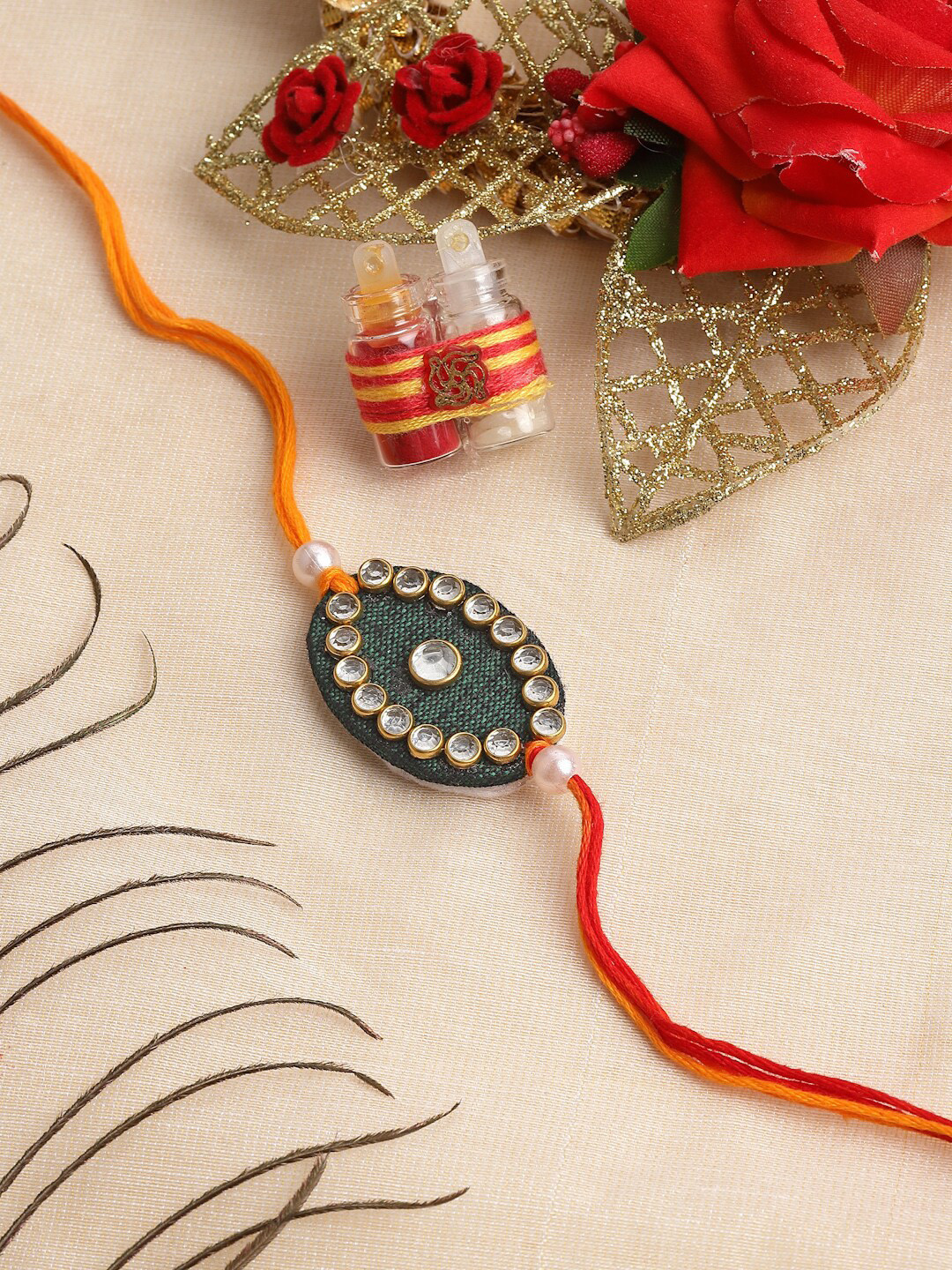 

PANASH Men Stone Studded Thread Rakhi With Roli Chawal, Green