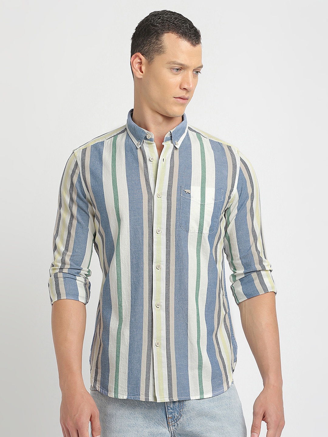 

THE BEAR HOUSE Slim Fit Striped Button-Down Collar Cotton Casual Shirt, Multi